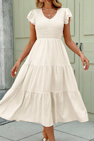 V Neck Smocked Solid Color Casual Dress