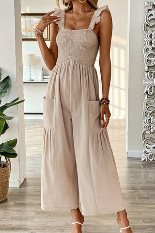 Solid Color Smocked Ruffle Straps Jumpsuit