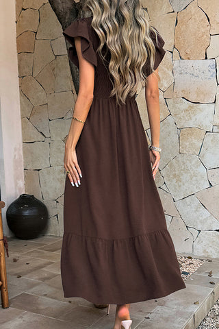 Resort Style V Neck Smocked Button Dress