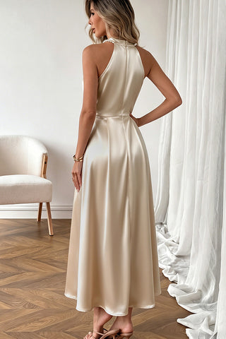 Minimalist Luxury Satin Halter Beaded Neckline Dress