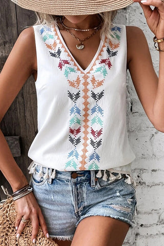 Fashion Printed V Neck Tassel Casual Top