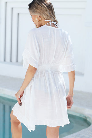 Fashion Solid Smocked Waist Swimsuit Cover Up