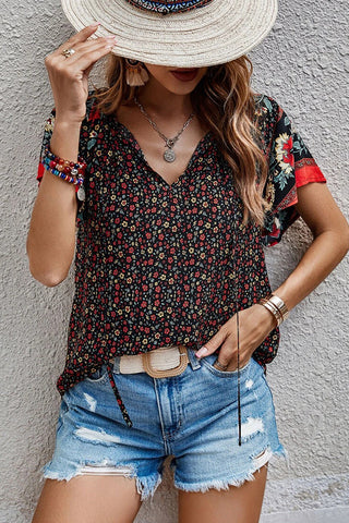 Bohemian Print V Neck Short Sleeve Top