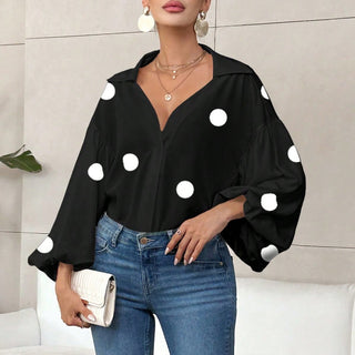 French Polka Dot Half-Open Neck Puff Sleeves Top