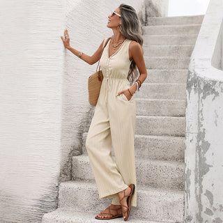 Solid Color V Neck High Waisted Jumpsuit