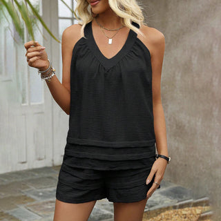 Fashion Solid V Neck Sleeveless Two Piece Set