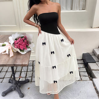 French-style Color Block Bandeau Bow Dress