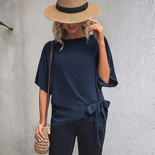 Fashion Solid Color Knot Side Casual Tops