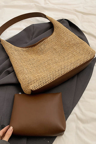 Retro Style Color Block Weave Two-in-One Bag Set