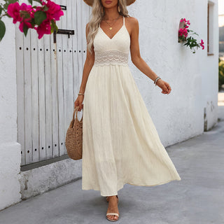 Lace Patchwork V Neck Tie Back Dress