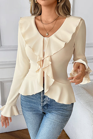 Fashion Solid Color V Neck Ruffled Tops