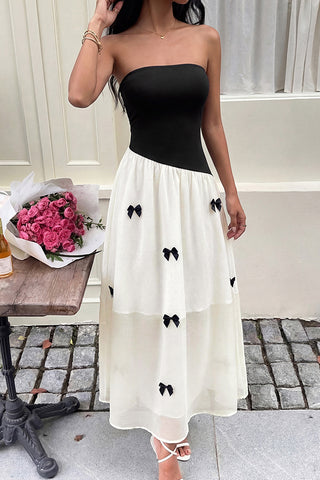 French-style Color Block Bandeau Bow Dress
