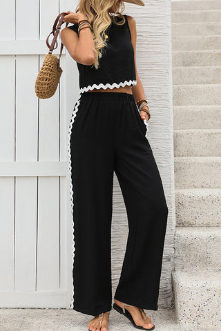 Lace-Trimmed Color Block Casual Two Piece Set