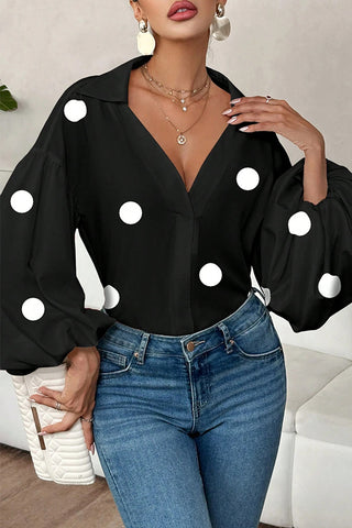 French Polka Dot Half-Open Neck Puff Sleeves Top