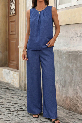 Solid Color Round Neck Casual Two Piece Set
