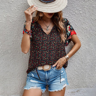 Bohemian Print V Neck Short Sleeve Top