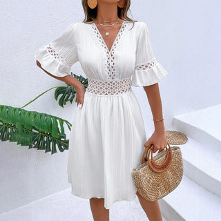 V Neck Lace Patchwork Flared Sleeves Dress