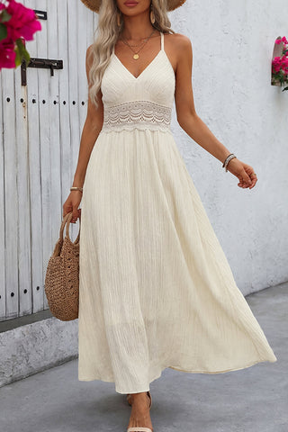 Lace Patchwork V Neck Tie Back Dress