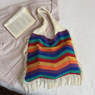 Color Stripe Design Tassel Knitted Bag