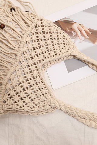 Fashion Wooden Bead Tassel Weave Bag