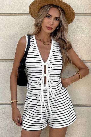 Fashion Stripe Print Tie Front Two Piece Set