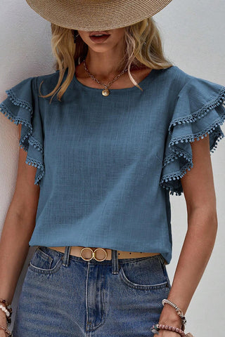 Solid Color Round Neck Ruffled Sleeves Top