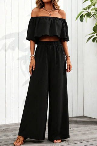 Solid Color Off The Shoulder Casual Two Piece Set