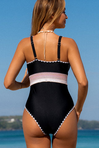 White Trim V Neck Patchwork One Piece Swimsuits