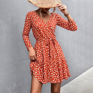 Polka Dot Print V Neck Tie Waist Mini Dress