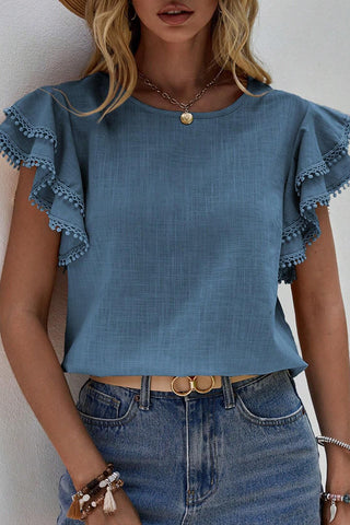 Solid Color Round Neck Ruffled Sleeves Top