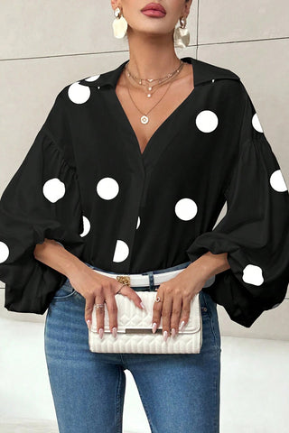 French Polka Dot Half-Open Neck Puff Sleeves Top