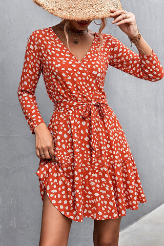 Polka Dot Print V Neck Tie Waist Mini Dress