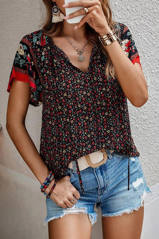 Bohemian Print V Neck Short Sleeve Top