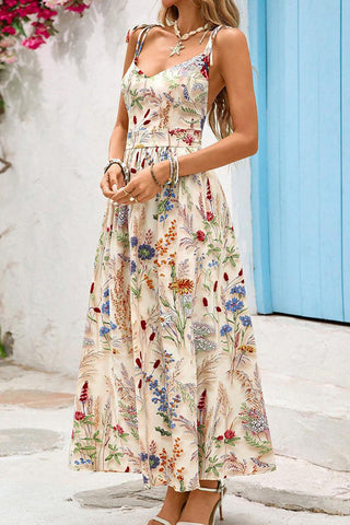 V Neck Tie Shoulder Printed Maxi Dress