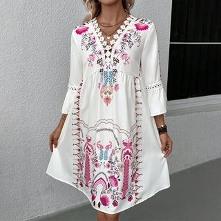Lace Patchwork V Neck Printed Casual Dress