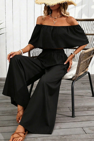 Solid Color Off The Shoulder Casual Two Piece Set