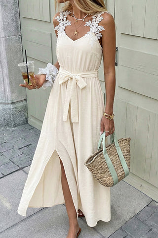 Fashion Solid Color Side Slit Tie Waist Dress