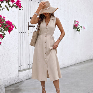 V Neck Solid Color Lapel Sleeveless Dress