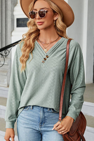 Solid Long Sleeve V Neck Button Casual Tops