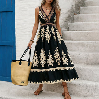 Retro Ethnic Printed V Neck Patchwork Dress