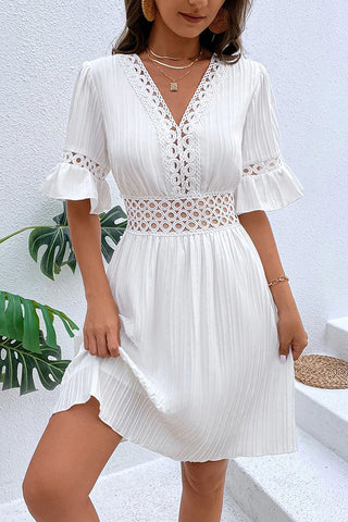 V Neck Lace Patchwork Flared Sleeves Dress