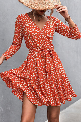 Polka Dot Print V Neck Tie Waist Mini Dress