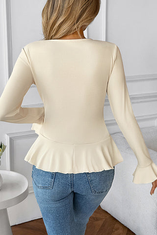 Fashion Solid Color V Neck Ruffled Tops