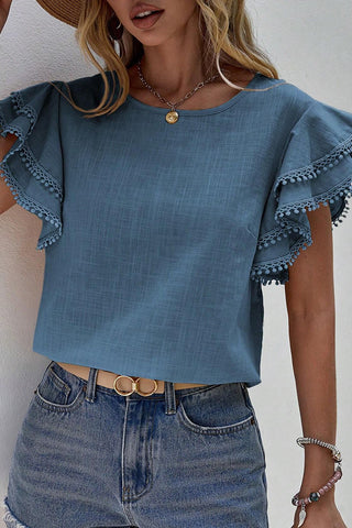 Solid Color Round Neck Ruffled Sleeves Top