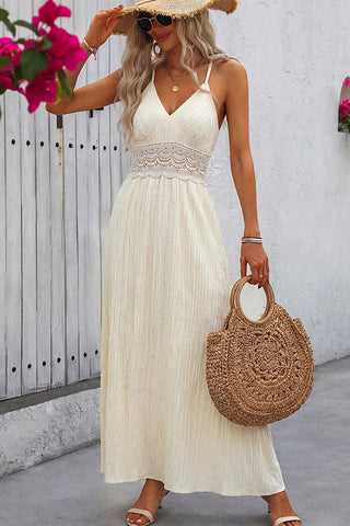 Lace Patchwork V Neck Tie Back Dress