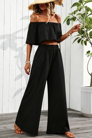 Solid Color Off The Shoulder Casual Two Piece Set