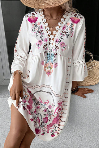 Lace Patchwork V Neck Printed Casual Dress
