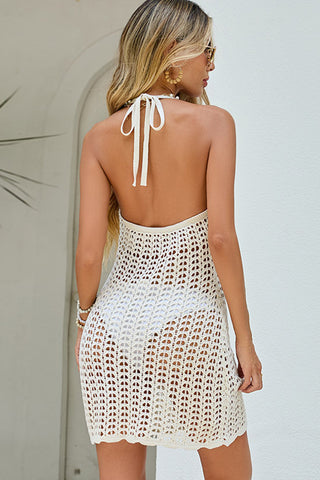Solid Halter Neck Pearl Design Swimsuit Cover Up