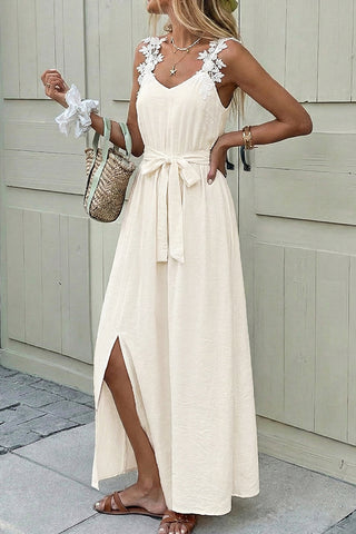 Fashion Solid Color Side Slit Tie Waist Dress