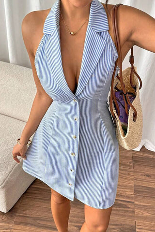 Stripe Print V Neck Button Lapel Mini Dress